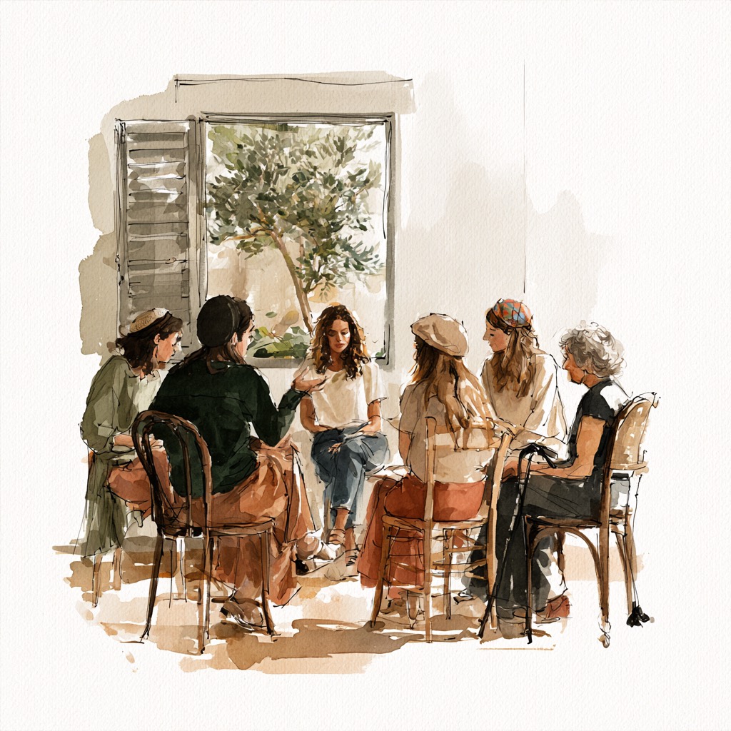 Watercolour illustration of a women's support group sitting in a circle in a sunlit room, an olive tree through the window